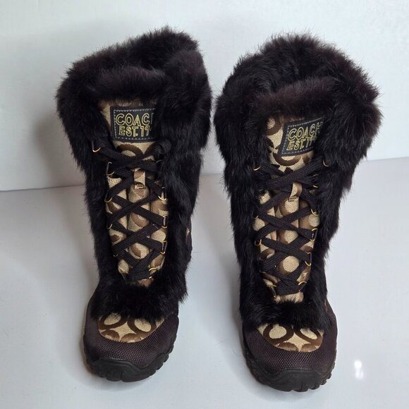 Coach Jennie Brown Khaki Signature Genuine Rabbit Fur Lace Up Boots Sz 6.5 Q522 - Picture 4 of 10